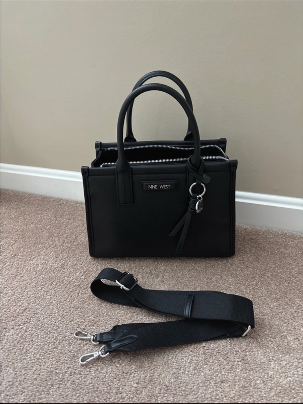 Nine West Black Structured Satchel with Detachable Strap